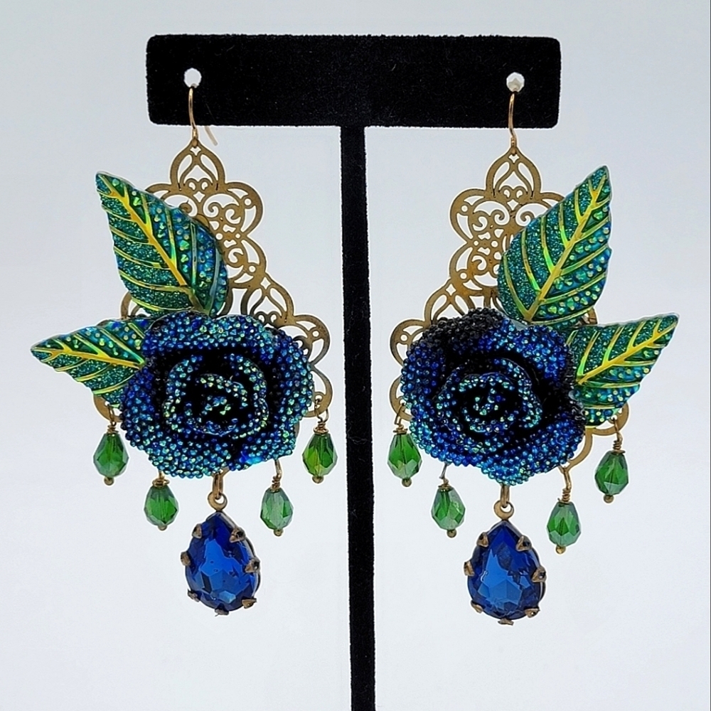 Earrings Blue Rose Floral #2064